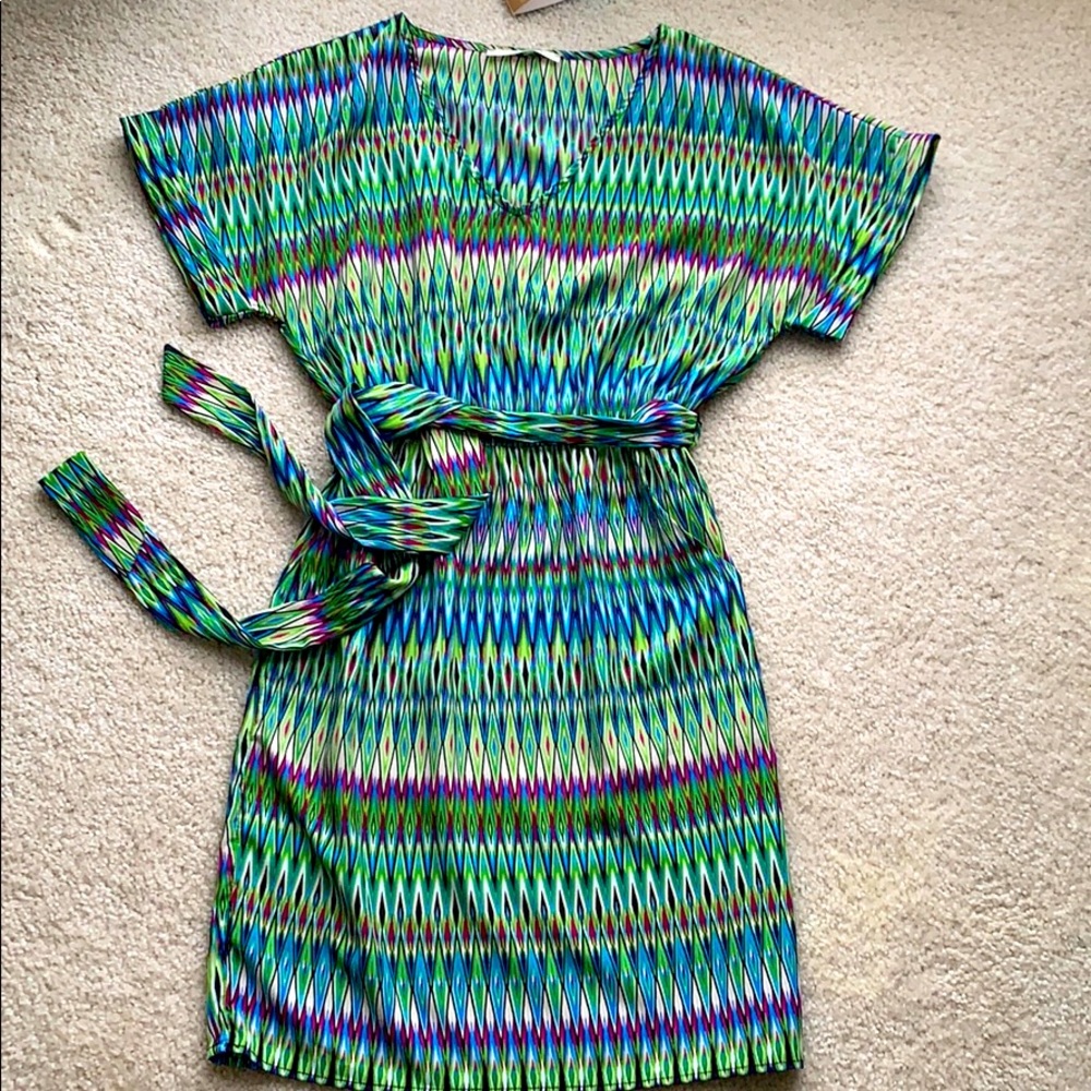 Fracescas Collections Green Multi-Colored Tribal Graphic Print V Neck Mini Dress